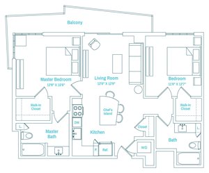 A floor plan of a house with a balcony, master bedroom, living room, kitchen, and bathrooms.